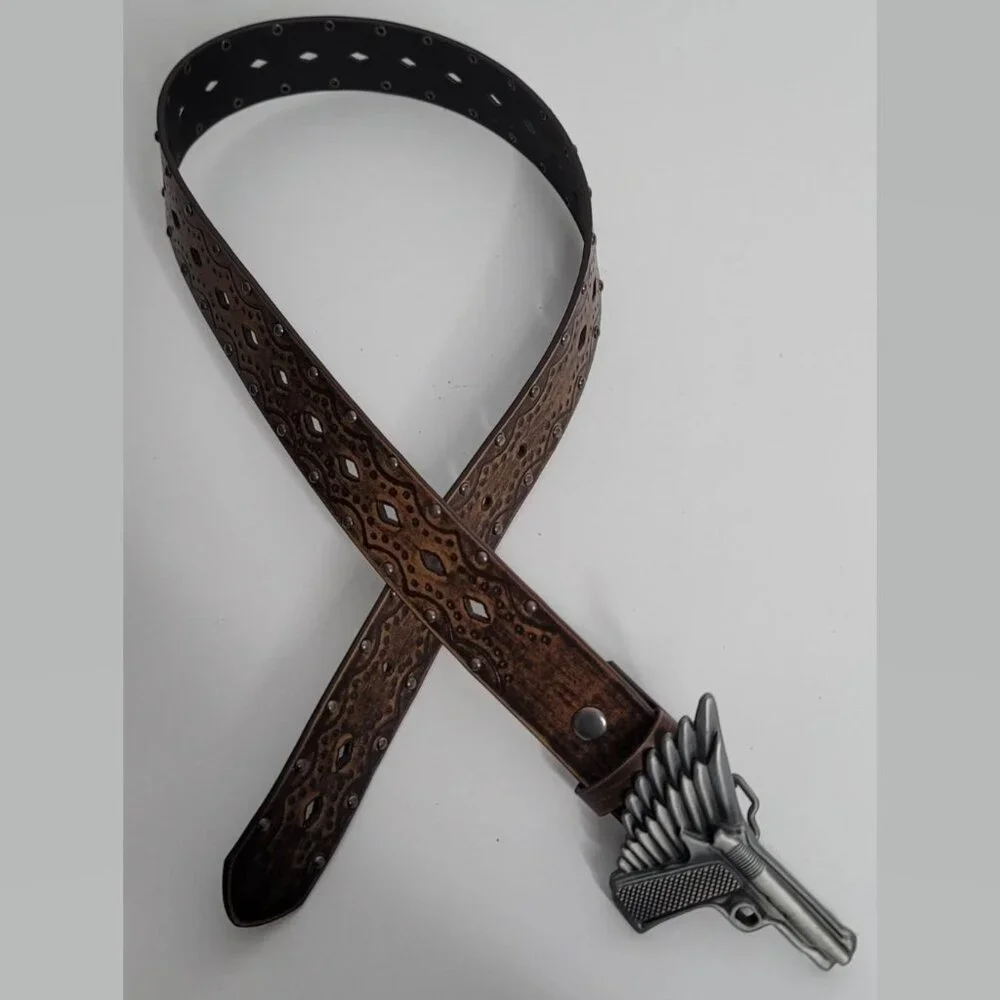 Leather Belt Sz Small 32 Gun Pistol Wings Buckle Brown Embossed‎ Studded Western